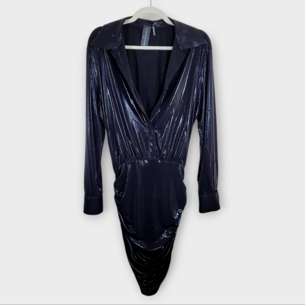 NORMA KAMALI Ruched Black Lame Boyfriend Shirt Dress Small Mini Dress Plunge - Picture 5 of 15